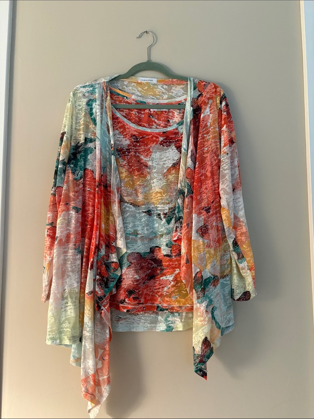 Calvin Klein Multicolor Watercolor Open-Front Cardigan and tank top